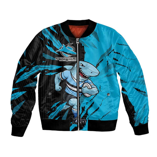 Personalized Cronulla Sharks Bomber Jacket Dynamic Lightning Mascot Rugby Australia