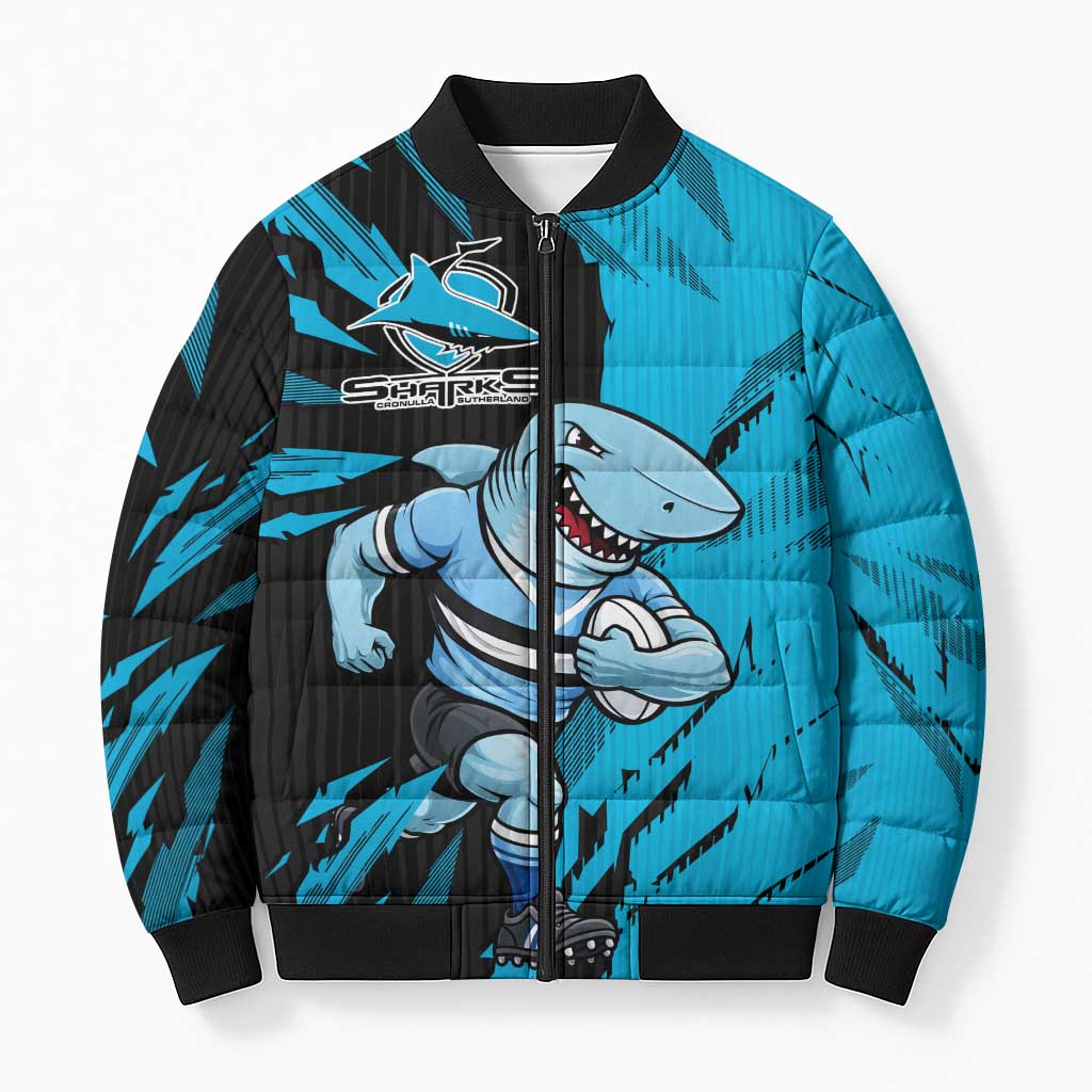 Personalized Cronulla Sharks Bomber Puffer Jacket Dynamic Lightning Mascot Rugby Australia