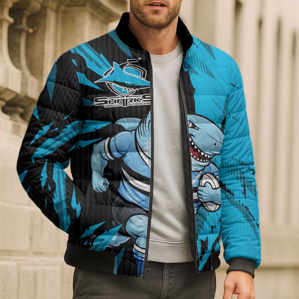 Personalized Cronulla Sharks Bomber Puffer Jacket Dynamic Lightning Mascot Rugby Australia