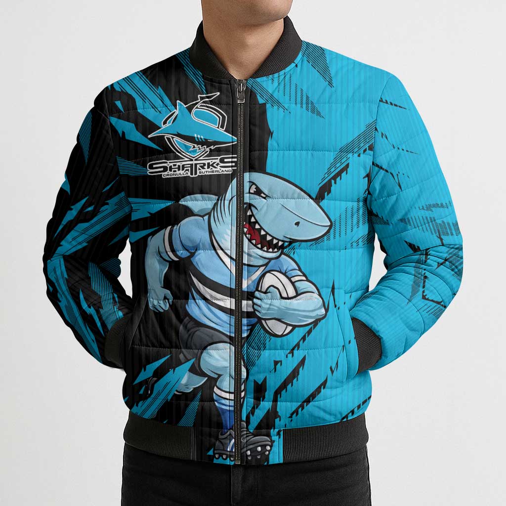 Personalized Cronulla Sharks Bomber Puffer Jacket Dynamic Lightning Mascot Rugby Australia
