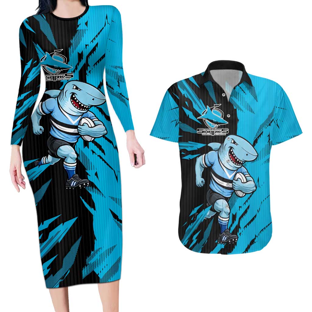 Personalized Cronulla Sharks Couples Matching Long Sleeve Bodycon Dress and Hawaiian Shirt Dynamic Lightning Mascot Rugby Australia