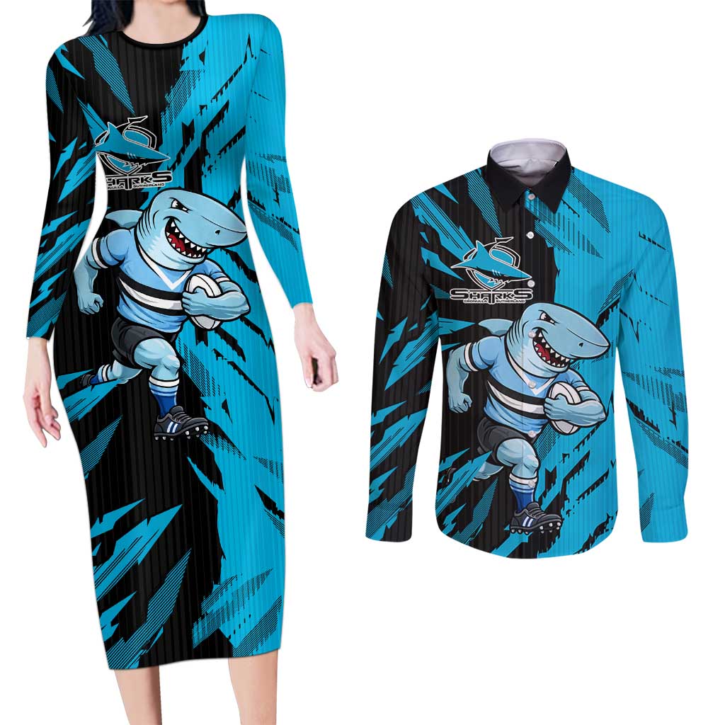 Personalized Cronulla Sharks Couples Matching Long Sleeve Bodycon Dress and Long Sleeve Button Shirt Dynamic Lightning Mascot Rugby Australia