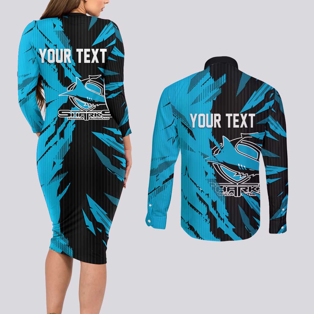 Personalized Cronulla Sharks Couples Matching Long Sleeve Bodycon Dress and Long Sleeve Button Shirt Dynamic Lightning Mascot Rugby Australia