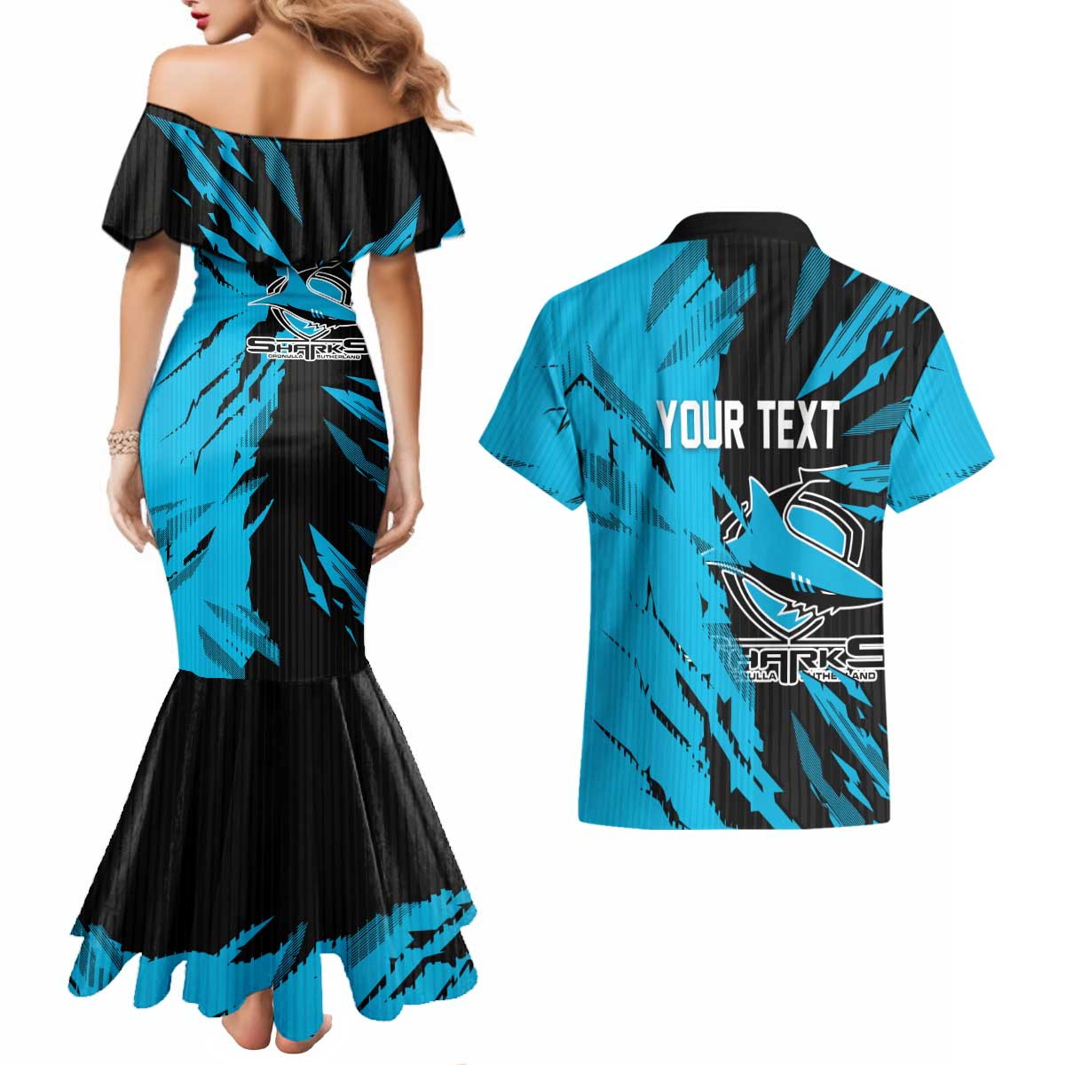 Personalized Cronulla Sharks Couples Matching Mermaid Dress and Hawaiian Shirt Dynamic Lightning Mascot Rugby Australia
