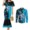 Personalized Cronulla Sharks Couples Matching Mermaid Dress and Long Sleeve Button Shirt Dynamic Lightning Mascot Rugby Australia