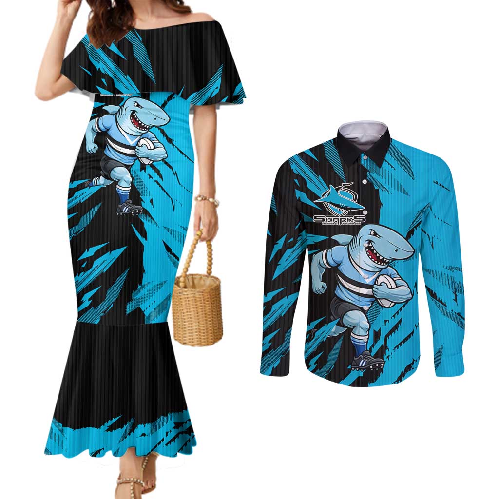 Personalized Cronulla Sharks Couples Matching Mermaid Dress and Long Sleeve Button Shirt Dynamic Lightning Mascot Rugby Australia