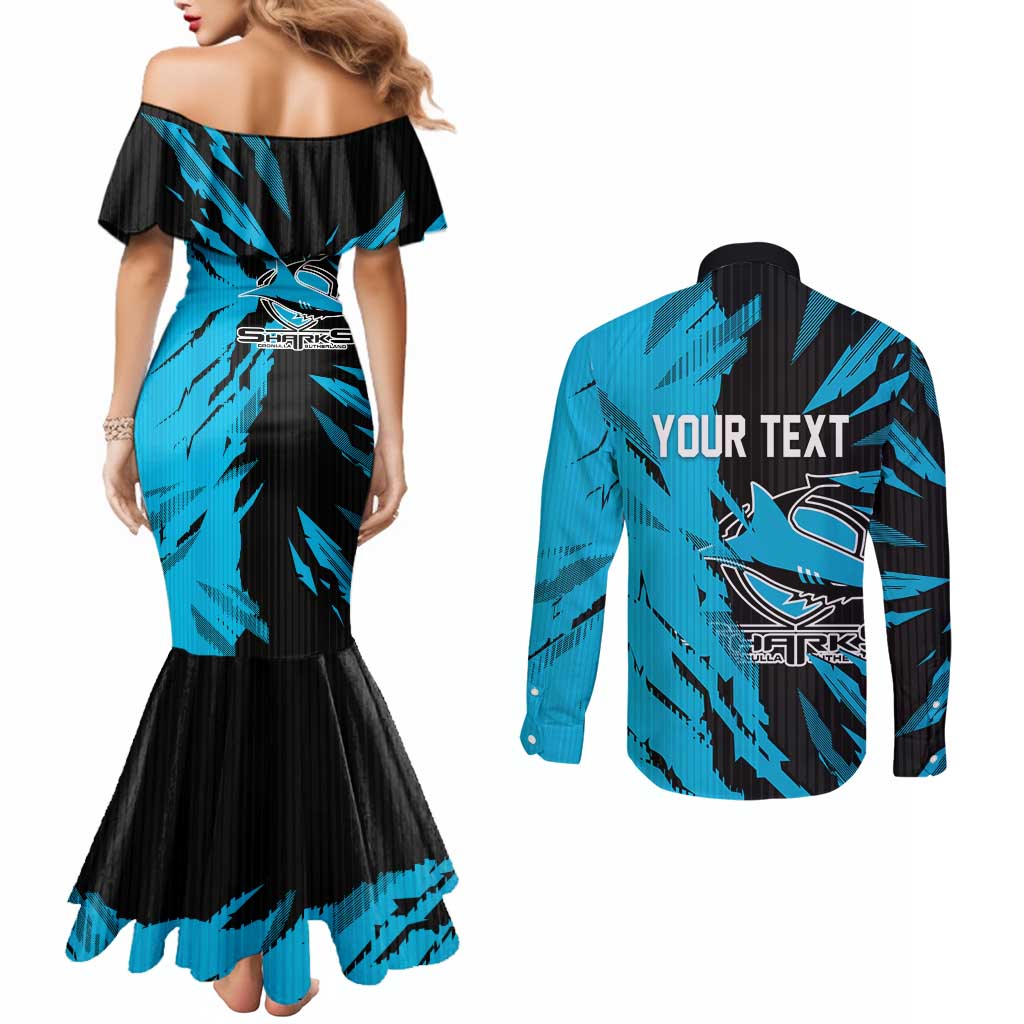 Personalized Cronulla Sharks Couples Matching Mermaid Dress and Long Sleeve Button Shirt Dynamic Lightning Mascot Rugby Australia