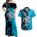 Personalized Cronulla Sharks Couples Matching Off Shoulder Maxi Dress and Hawaiian Shirt Dynamic Lightning Mascot Rugby Australia