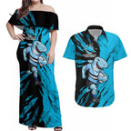 Personalized Cronulla Sharks Couples Matching Off Shoulder Maxi Dress and Hawaiian Shirt Dynamic Lightning Mascot Rugby Australia