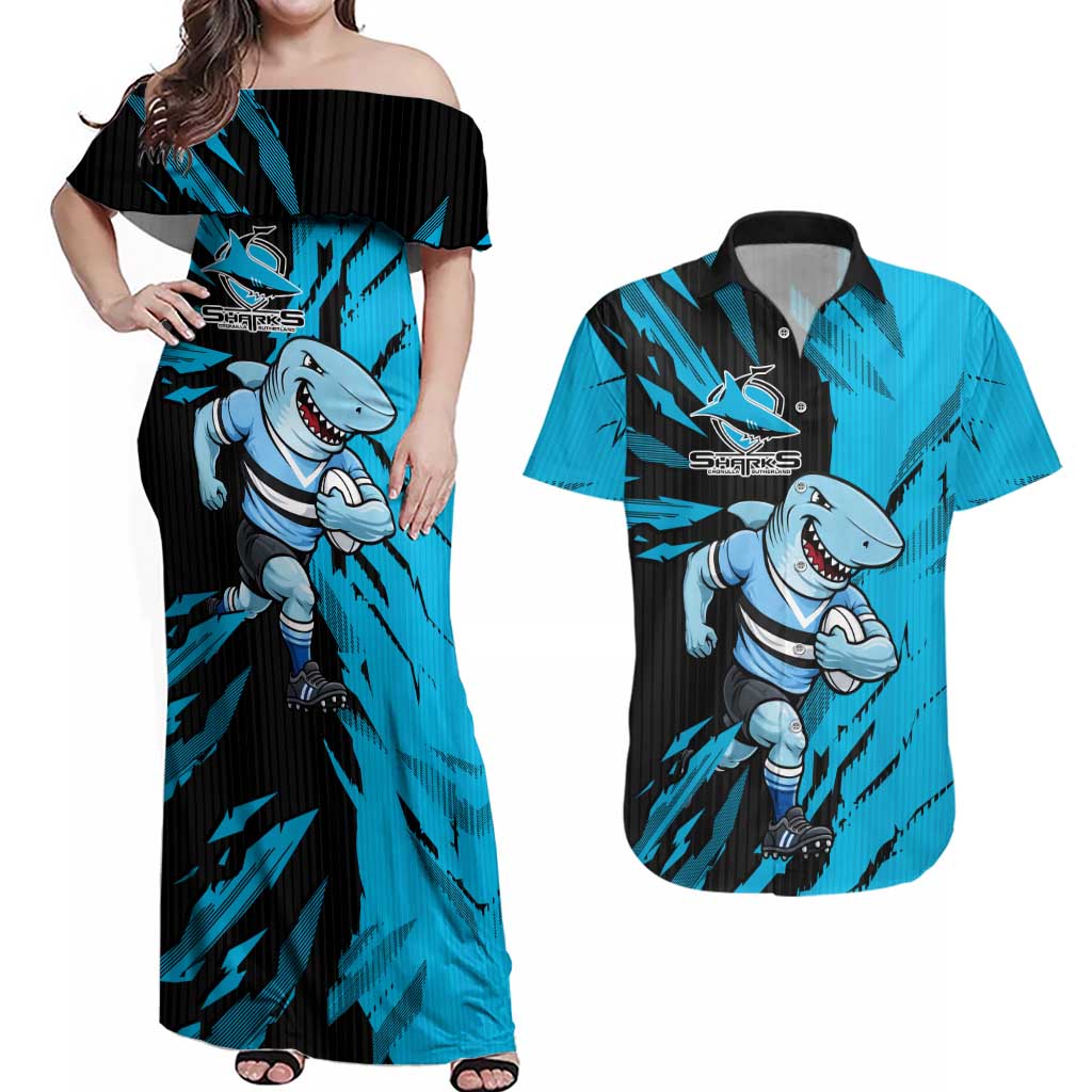 Personalized Cronulla Sharks Couples Matching Off Shoulder Maxi Dress and Hawaiian Shirt Dynamic Lightning Mascot Rugby Australia