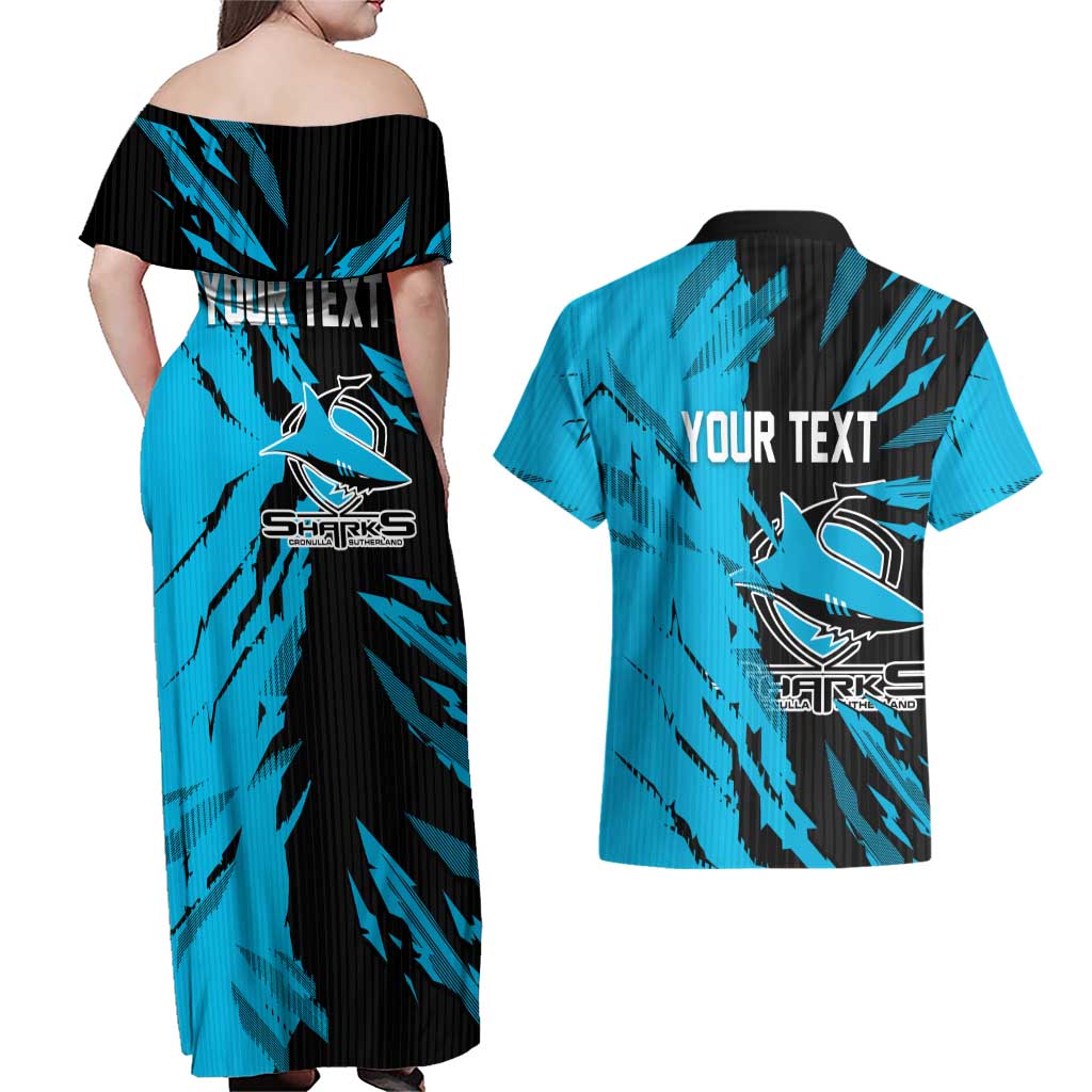 Personalized Cronulla Sharks Couples Matching Off Shoulder Maxi Dress and Hawaiian Shirt Dynamic Lightning Mascot Rugby Australia