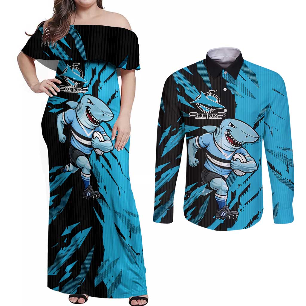 Personalized Cronulla Sharks Couples Matching Off Shoulder Maxi Dress and Long Sleeve Button Shirt Dynamic Lightning Mascot Rugby Australia