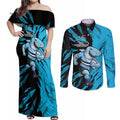 Personalized Cronulla Sharks Couples Matching Off Shoulder Maxi Dress and Long Sleeve Button Shirt Dynamic Lightning Mascot Rugby Australia