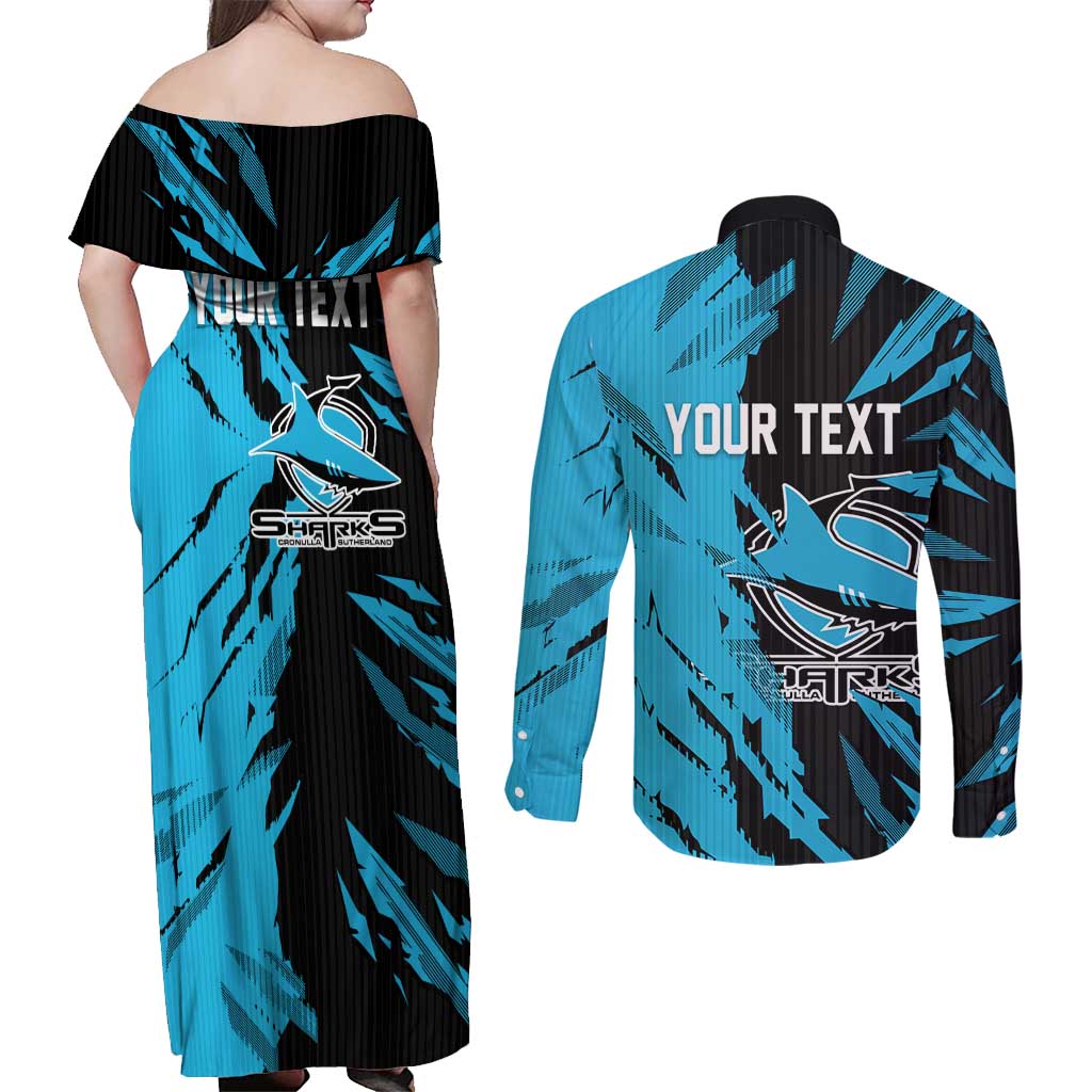 Personalized Cronulla Sharks Couples Matching Off Shoulder Maxi Dress and Long Sleeve Button Shirt Dynamic Lightning Mascot Rugby Australia