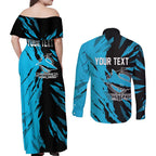 Personalized Cronulla Sharks Couples Matching Off Shoulder Maxi Dress and Long Sleeve Button Shirt Dynamic Lightning Mascot Rugby Australia