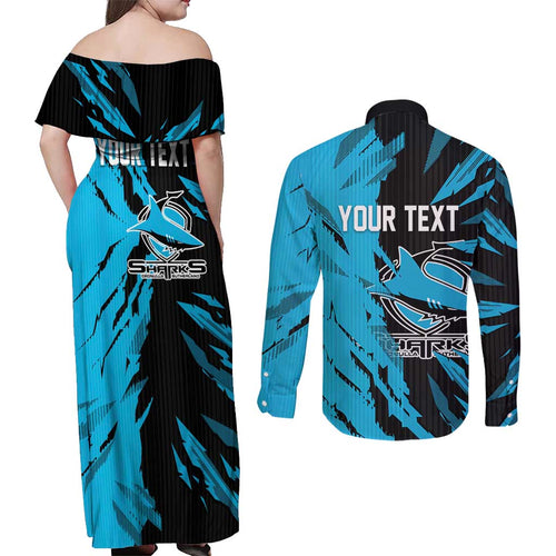 Personalized Cronulla Sharks Couples Matching Off Shoulder Maxi Dress and Long Sleeve Button Shirt Dynamic Lightning Mascot Rugby Australia