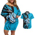 Personalized Cronulla Sharks Couples Matching Off Shoulder Short Dress and Hawaiian Shirt Dynamic Lightning Mascot Rugby Australia