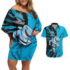 Personalized Cronulla Sharks Couples Matching Off Shoulder Short Dress and Hawaiian Shirt Dynamic Lightning Mascot Rugby Australia