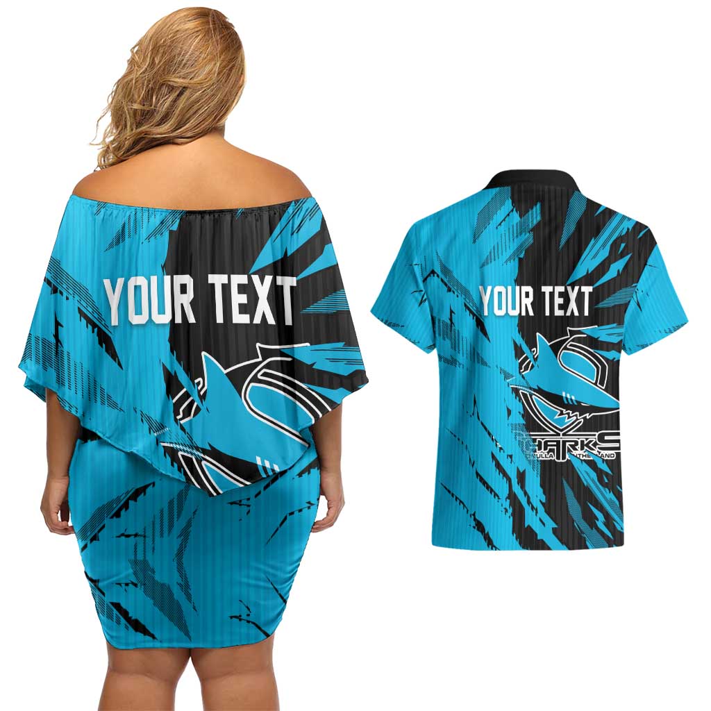 Personalized Cronulla Sharks Couples Matching Off Shoulder Short Dress and Hawaiian Shirt Dynamic Lightning Mascot Rugby Australia