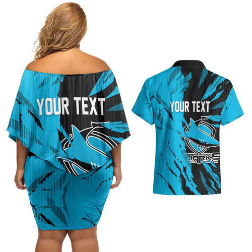 Personalized Cronulla Sharks Couples Matching Off Shoulder Short Dress and Hawaiian Shirt Dynamic Lightning Mascot Rugby Australia