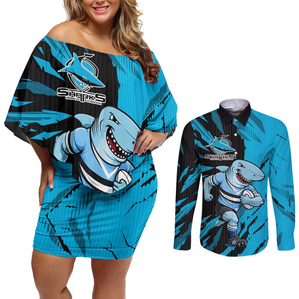 Personalized Cronulla Sharks Couples Matching Off Shoulder Short Dress and Long Sleeve Button Shirt Dynamic Lightning Mascot Rugby Australia