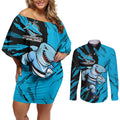 Personalized Cronulla Sharks Couples Matching Off Shoulder Short Dress and Long Sleeve Button Shirt Dynamic Lightning Mascot Rugby Australia