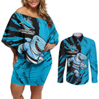 Personalized Cronulla Sharks Couples Matching Off Shoulder Short Dress and Long Sleeve Button Shirt Dynamic Lightning Mascot Rugby Australia
