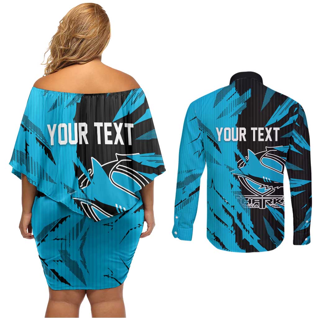 Personalized Cronulla Sharks Couples Matching Off Shoulder Short Dress and Long Sleeve Button Shirt Dynamic Lightning Mascot Rugby Australia