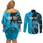 Personalized Cronulla Sharks Couples Matching Off Shoulder Short Dress and Long Sleeve Button Shirt Dynamic Lightning Mascot Rugby Australia