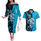 Personalized Cronulla Sharks Couples Matching Off The Shoulder Long Sleeve Dress and Hawaiian Shirt Dynamic Lightning Mascot Rugby Australia