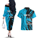 Personalized Cronulla Sharks Couples Matching Off The Shoulder Long Sleeve Dress and Hawaiian Shirt Dynamic Lightning Mascot Rugby Australia