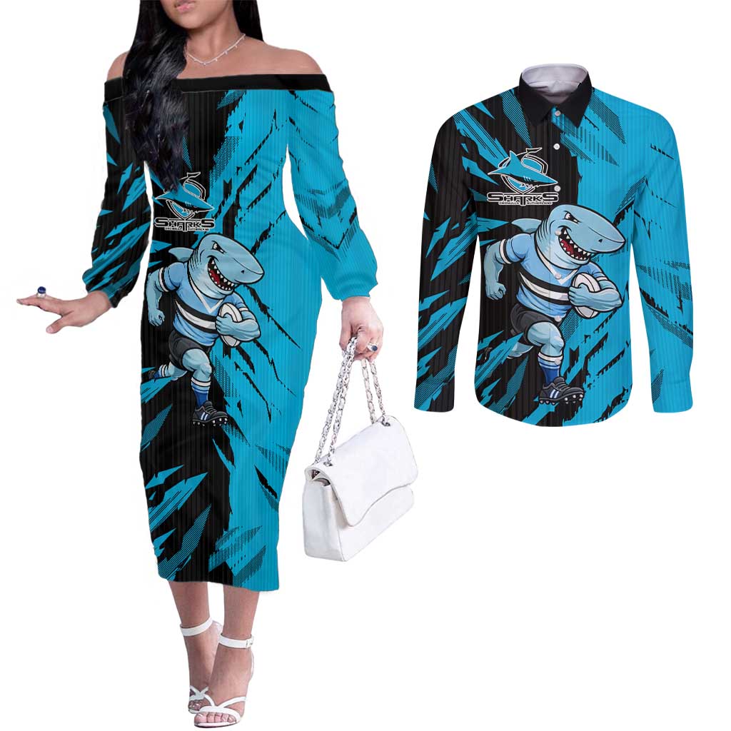 Personalized Cronulla Sharks Couples Matching Off The Shoulder Long Sleeve Dress and Long Sleeve Button Shirt Dynamic Lightning Mascot Rugby Australia