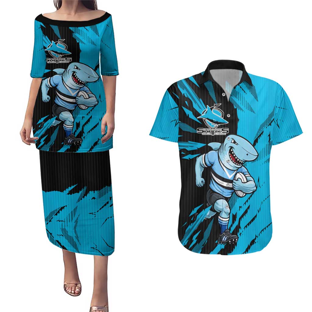 Personalized Cronulla Sharks Couples Matching Puletasi and Hawaiian Shirt Dynamic Lightning Mascot Rugby Australia