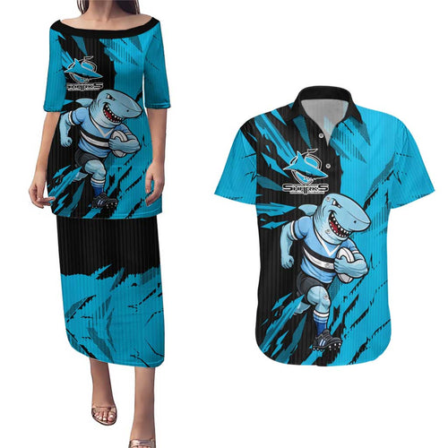 Personalized Cronulla Sharks Couples Matching Puletasi and Hawaiian Shirt Dynamic Lightning Mascot Rugby Australia
