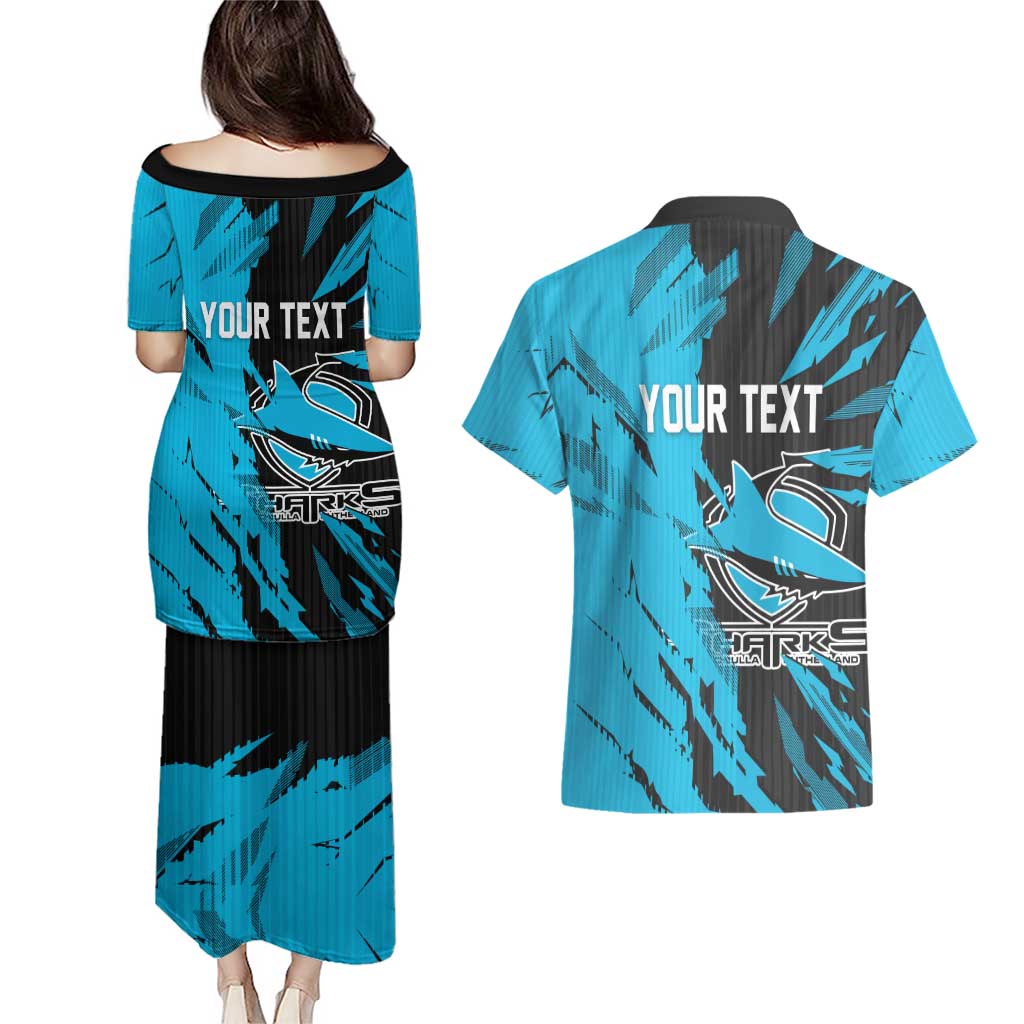 Personalized Cronulla Sharks Couples Matching Puletasi and Hawaiian Shirt Dynamic Lightning Mascot Rugby Australia