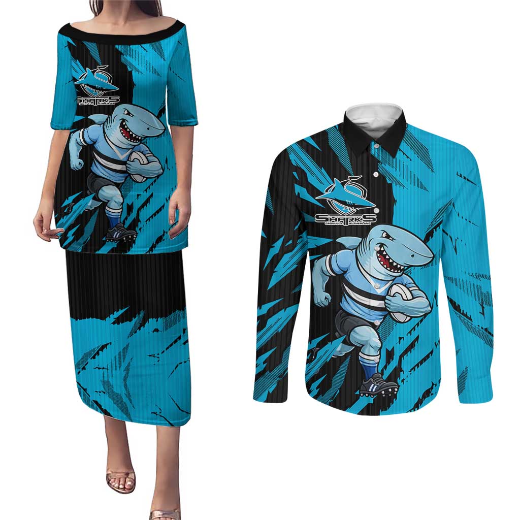 Personalized Cronulla Sharks Couples Matching Puletasi and Long Sleeve Button Shirt Dynamic Lightning Mascot Rugby Australia