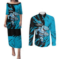 Personalized Cronulla Sharks Couples Matching Puletasi and Long Sleeve Button Shirt Dynamic Lightning Mascot Rugby Australia
