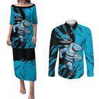 Personalized Cronulla Sharks Couples Matching Puletasi and Long Sleeve Button Shirt Dynamic Lightning Mascot Rugby Australia