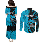 Personalized Cronulla Sharks Couples Matching Puletasi and Long Sleeve Button Shirt Dynamic Lightning Mascot Rugby Australia