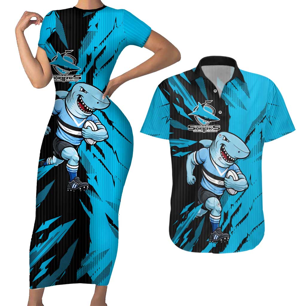 Personalized Cronulla Sharks Couples Matching Short Sleeve Bodycon Dress and Hawaiian Shirt Dynamic Lightning Mascot Rugby Australia