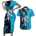 Personalized Cronulla Sharks Couples Matching Short Sleeve Bodycon Dress and Hawaiian Shirt Dynamic Lightning Mascot Rugby Australia