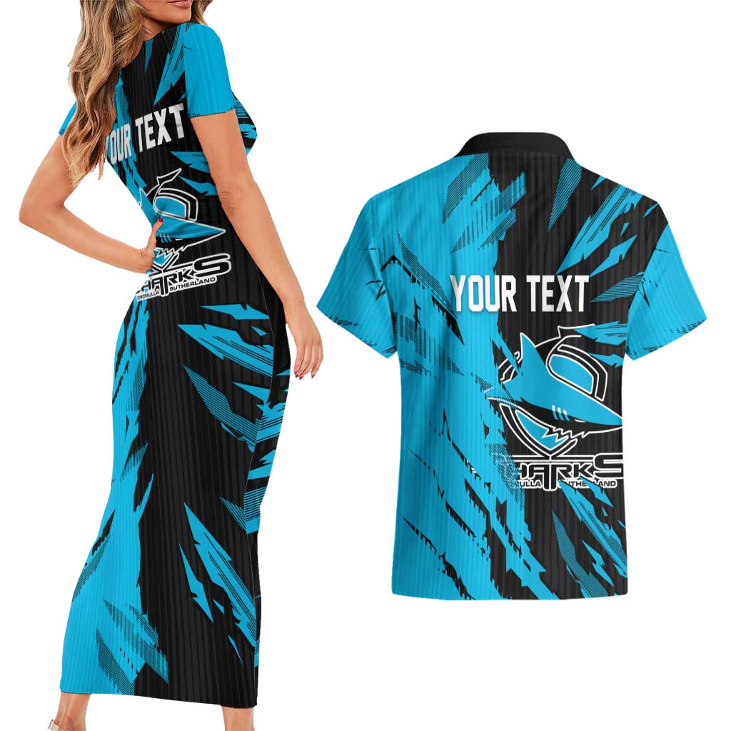 Personalized Cronulla Sharks Couples Matching Short Sleeve Bodycon Dress and Hawaiian Shirt Dynamic Lightning Mascot Rugby Australia