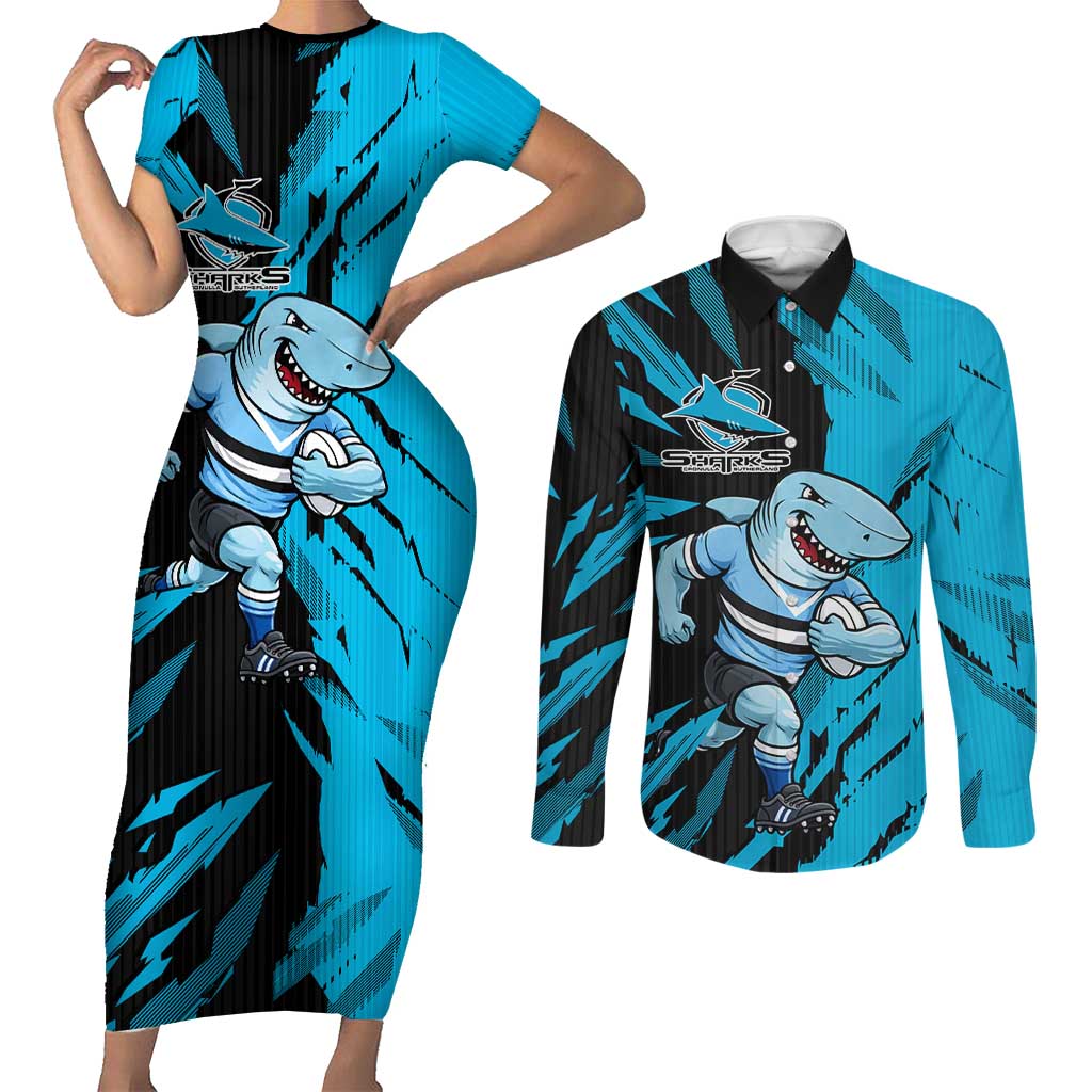 Personalized Cronulla Sharks Couples Matching Short Sleeve Bodycon Dress and Long Sleeve Button Shirt Dynamic Lightning Mascot Rugby Australia