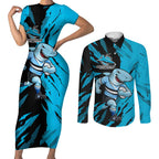 Personalized Cronulla Sharks Couples Matching Short Sleeve Bodycon Dress and Long Sleeve Button Shirt Dynamic Lightning Mascot Rugby Australia