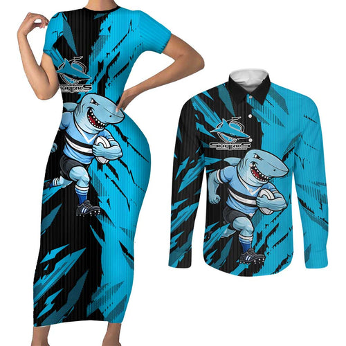 Personalized Cronulla Sharks Couples Matching Short Sleeve Bodycon Dress and Long Sleeve Button Shirt Dynamic Lightning Mascot Rugby Australia
