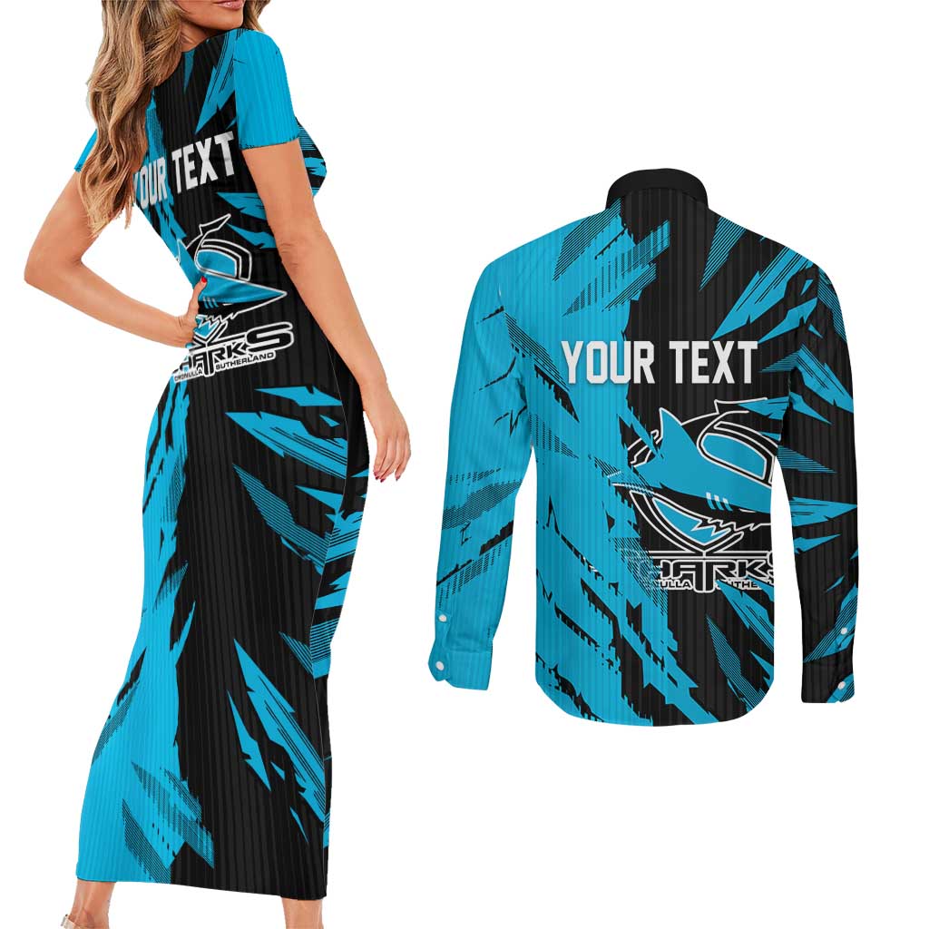 Personalized Cronulla Sharks Couples Matching Short Sleeve Bodycon Dress and Long Sleeve Button Shirt Dynamic Lightning Mascot Rugby Australia