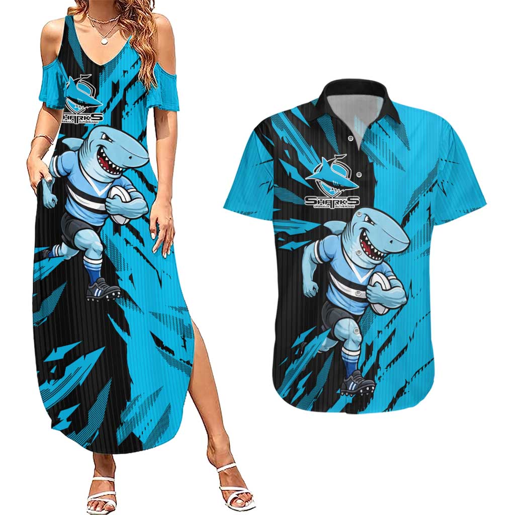 Personalized Cronulla Sharks Couples Matching Summer Maxi Dress and Hawaiian Shirt Dynamic Lightning Mascot Rugby Australia