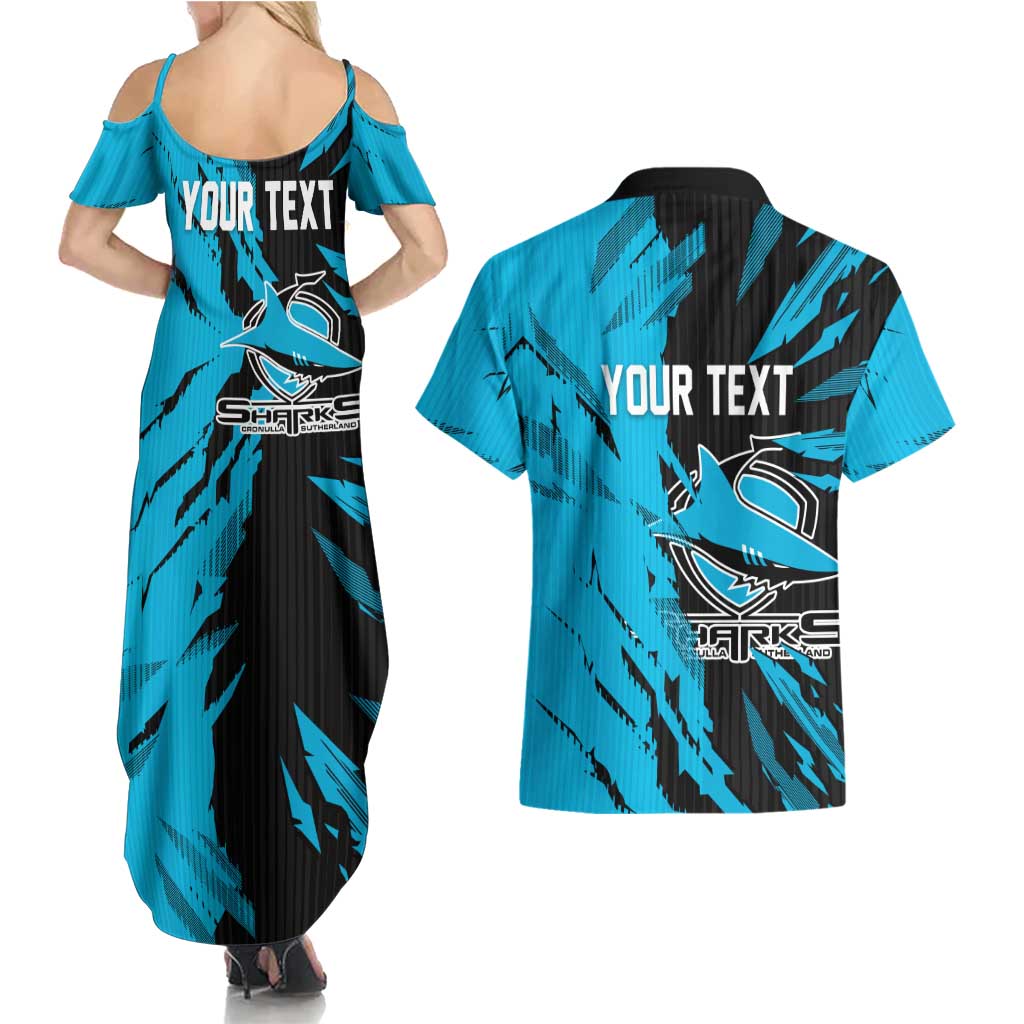 Personalized Cronulla Sharks Couples Matching Summer Maxi Dress and Hawaiian Shirt Dynamic Lightning Mascot Rugby Australia