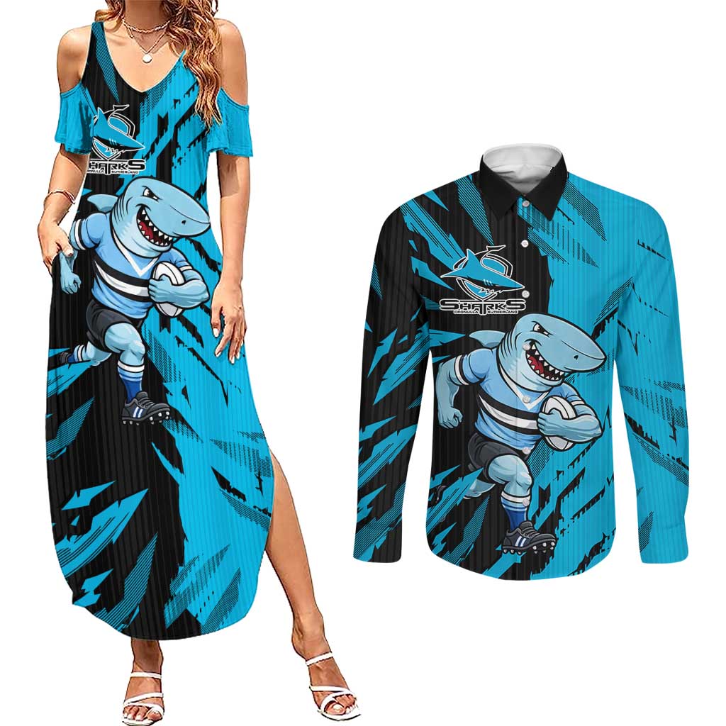 Personalized Cronulla Sharks Couples Matching Summer Maxi Dress and Long Sleeve Button Shirt Dynamic Lightning Mascot Rugby Australia