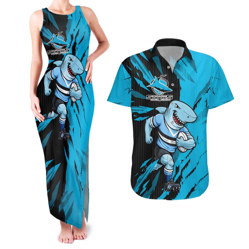 Personalized Cronulla Sharks Couples Matching Tank Maxi Dress and Hawaiian Shirt Dynamic Lightning Mascot Rugby Australia
